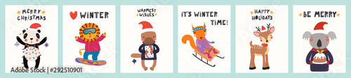 Collection of greeting cards with cute animals doing winter, Christmas activi...