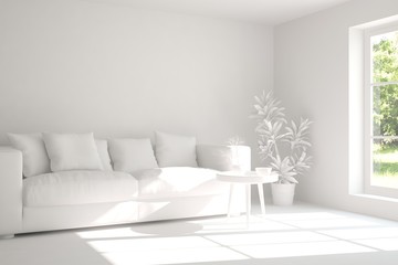 Mock up of stylish room in white color with sofa. Scandinavian interior design. 3D illustration