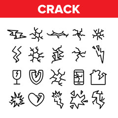 Wall Mural - Crack Things Collection Elements Icons Set Vector Thin Line. Crack Glass And Window, Shield And Smartphone Display Screen, House And Heart Concept Linear Pictograms. Monochrome Contour Illustrations