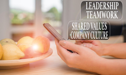 Poster - Text sign showing Leadership Teamwork Shared Values Company Culture. Business photo text Group Team Success woman using smartphone office supplies technological devices inside home