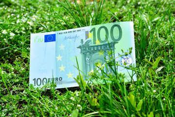 One hundred euro banknote lies on a green alarm in a place similar to a green lawn.