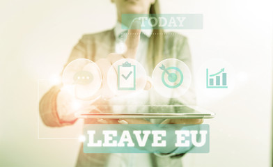 Text sign showing Leave Eu. Business photo text An act of a demonstrating to leave a country that belongs to Europe Female human wear formal work suit presenting presentation use smart device