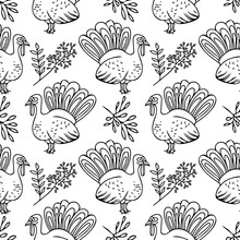 Turkey, Rowan And Leaves Seamless Pattern. Hand Drawn Doodle Scandinavian Simple Liner Style. Thanksgiving Background