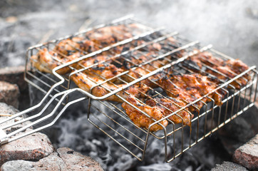 On the grid chicken meat on the coals in nature, in the woods is very tasty