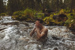 © alfa27 - relaxed young man swimming in the cold river, healthy lifestyle, health care, wellness. close up photo