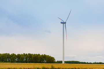 Poster - Windturbine. Eco power renewable energy production from wind. Windmill saves the earth's natural ingredients. Green ecology and pure electricity