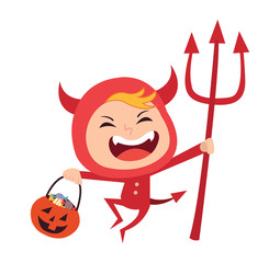 Wall Mural - Cute little red devil demon kid vector cartoon character. Kid in halloween costume.