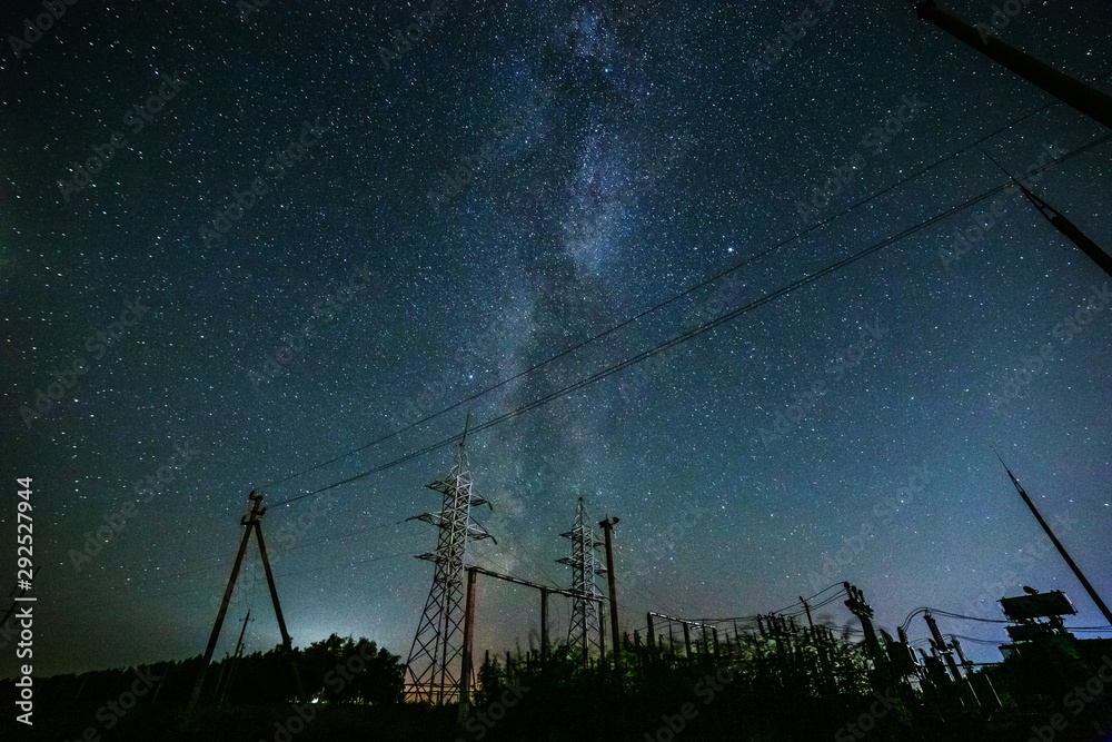 Starry sky and the milky way over the power lines. Stock Photo | Adobe ...