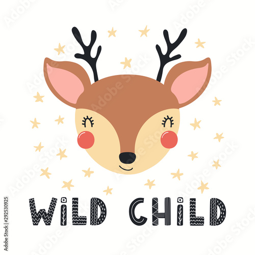 Hand drawn vector illustration of a cute funny deer face, with stars, letteri...