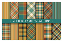 Set Plaid Pattern Seamless. Tartan Patterns Fabric Texture. Checkered Geometric Vector Background. Scottish Stripe Blanket Backdrop