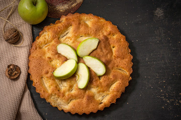 Charlotte apple pie on a black wooden table with slices of green apples. Top view.