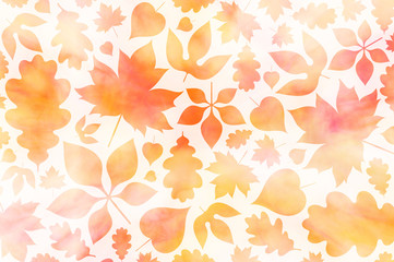 Sticker - Autumn background with falling golden and red leaves. Watercolor autumn leaves on white background