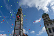 Turamichele celebration with ballons in front of Perlach tower in Augsburg, Germany, Bavaria