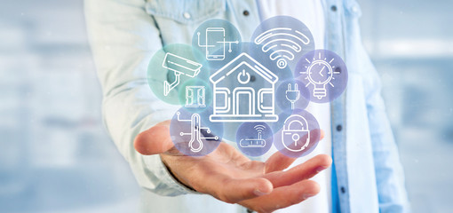 Poster - businessman holding smart home interface with icon, stats and data 3d rendering