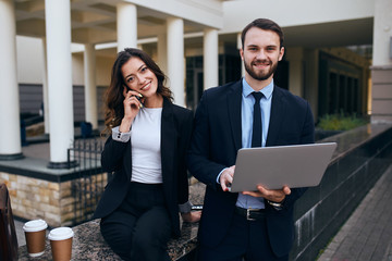 Wall Mural - successful man and woman sharing with experience, knowledge online, giving advice, recommendation