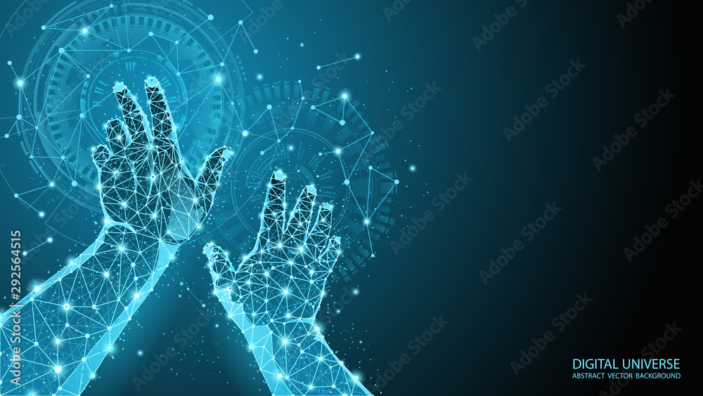 Abstract blue geometric background. Touch to electronic display. Skeleton image of a human hand. Technologies and Internet. Future vector image. Polygonal mesh. Futuristic pattern. Virtual reality. - obrazy, fototapety, plakaty 