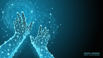 Poster - abstract blue geometric background. touch to electronic display. skeleton image of a human hand. tec