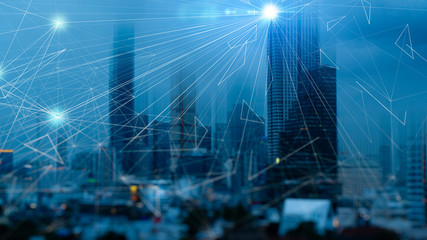 Fototapete - Wireless network and Connection technology concept with Abstract buildings and city background