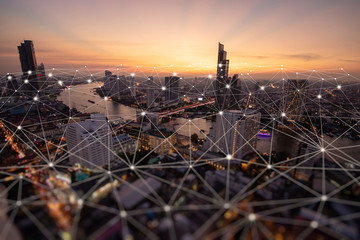 Fototapete - Wireless network and Connection technology concept with Abstract Bangkok city background