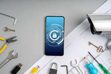 CCTV security online camera with icon interface on smart phone
