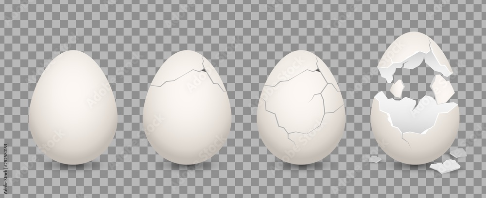 Cracked egg. Cartoon 3d realistic chicken broken eggs with cracks and smithers. Vector illustration culinary ingredient set on transparent background - obrazy, fototapety, plakaty 