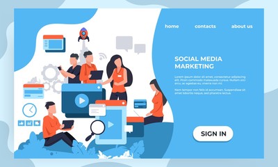 Aufkleber - Marketing landing page. SEO and business analytic concept with cartoon characters, web page design template. Vector illustrations modern banner creative corporate agency