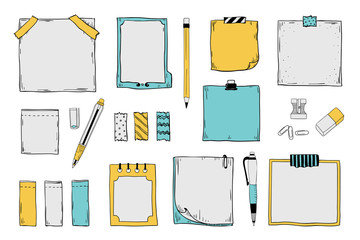 Doodle sticky notes. Notepad paper sheets and stickers with pen pencils and pins, colored graphic set. Vector hand draw paper sticky tags banners on white background