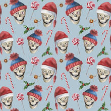 Watercolor Christmas Seamless Pattern With Lollipops And Skulls. Hand Painted Holiday Illustration With Hats, Bells Isolated On Pastel Blue Background. Winter Pattern For Design, Print Or Background.