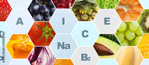 Fotografía Vitamins and minerals in fruits and vegetables on background