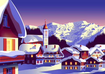 Wall Mural - Christmas landscape with a village and a church under the snow on a background of mountains.