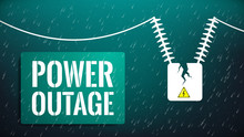 Power Outage Illustration. No Electricity Concept Due To Heavy Rain And Storm. Damaged Power Line Transformer. Gradient Background With White Stencil Text. Bad Weather Aftermath