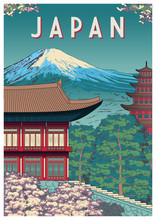 Japan Travel Poster With Temple In The First Plan And Mountain In The Background.