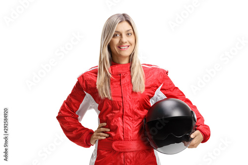 Cuadros en Lienzo Young female racer holding a helmet