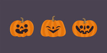 Set Of Cute Halloween Pumpkins With Funny Faces. Vector Illustration.