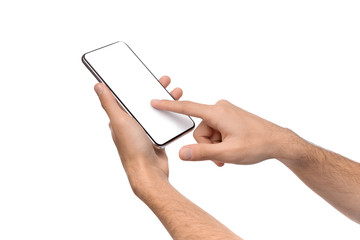 Poster - Male hand touching blank smartphone screen over white background