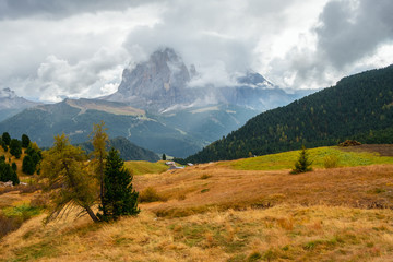 Mountain meadow and houses in Gardena valley and Seceda peak , background Alpe di Siusi or Seiser Alm in the with Province of Bolzano, South Tyrol in Dolomites