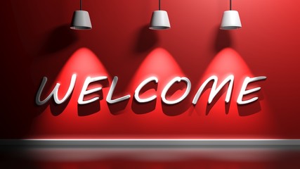 Poster - WELCOME white write at a red wall with three lamps - 3D rendering illustration