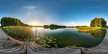 Full Seamless Spherical Hdri Panorama 360 Degrees Angle View On Wooden Pier Near Lake In Evening In Equirectangular Projection With Zenith, Ready VR AR Virtual Reality Content