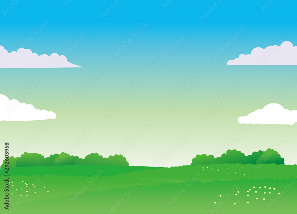 Nature landscape vector illustration with green field and blue sky ...