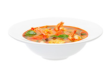 Closeup Plate Of Traditional Thai Soup - Tom Yum Kung Isolated At White Background.