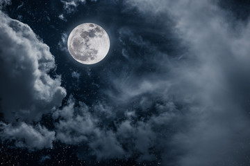 Night sky with bright full moon and cloudy, serenity nature background.