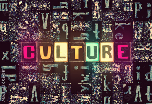 The word Culture as neon glowing unique typeset symbols, luminous letters cultur Tableau sur Toile