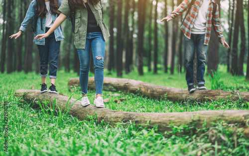 Photographie Group of traveler walking on the log while hiking in the forest