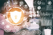 © InfiniteFlow - Cyber Security and Digital Data Protection Concept. Icon graphic interface showing secure firewall technology for online data access defense against hacker, virus and insecure information for privacy.