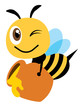 Cartoon cute happy bee carry a big honey pot fill with fresh organic honey - Flat art vector character
