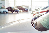 Fototapeta  - New cars at sunlit dealer showroom close view
