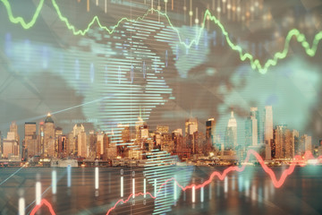 Financial graph on night city scape with tall buildings background double exposure. Analysis concept.