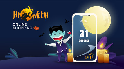 Wall Mural - Little Cute Dracula on Dark night background, Mobile web application.Banner of Happy Halloween Day. Creative and Modern design in EPS10 Vector Illustration.