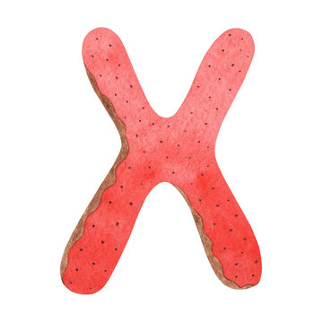 Watercolor letter X in the form of a Christmas gingerbread. Isolated over a white background.