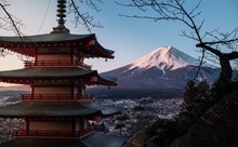 The Red Chureito Pagoda In Japan, With Fujiyama (Mount Fuji)